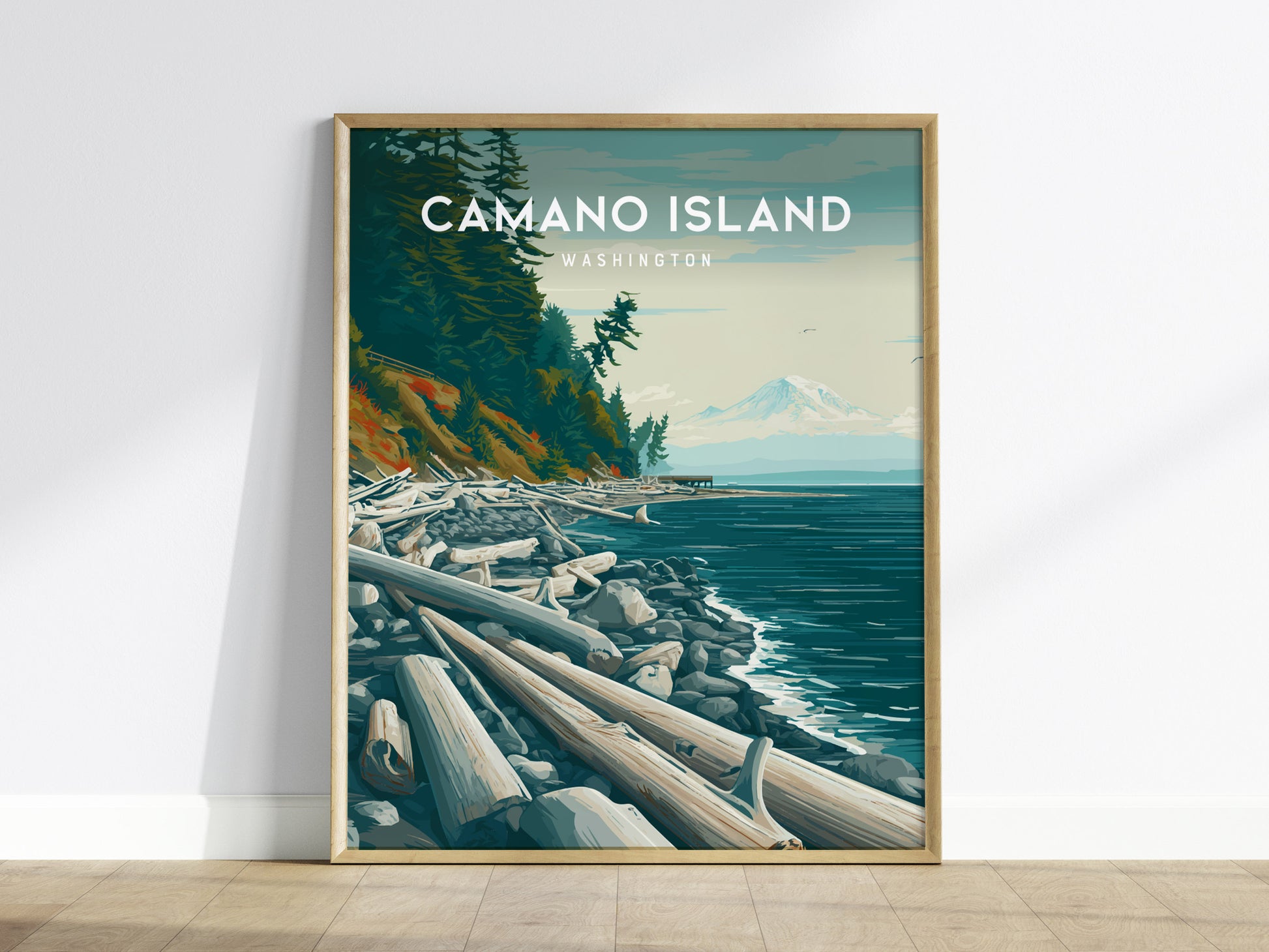 Camano Island, Washington Poster | Evergreen Shores & Heron Coastal Wall Art — framed wall art