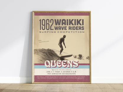 1962 Waikiki Wave Riders Vintage Surf Poster | Longboard Classic Surfing Competition Art | Retro Hawaii Oahu Framed Print Surfer Decor Gift