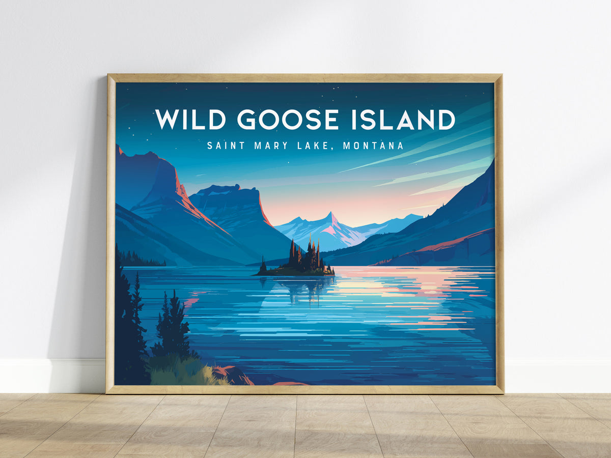 Wild Goose Island Landscape Poster | Saint Mary Lake, Montana Framed or Unframed Vacation Wall Art — framed wall art