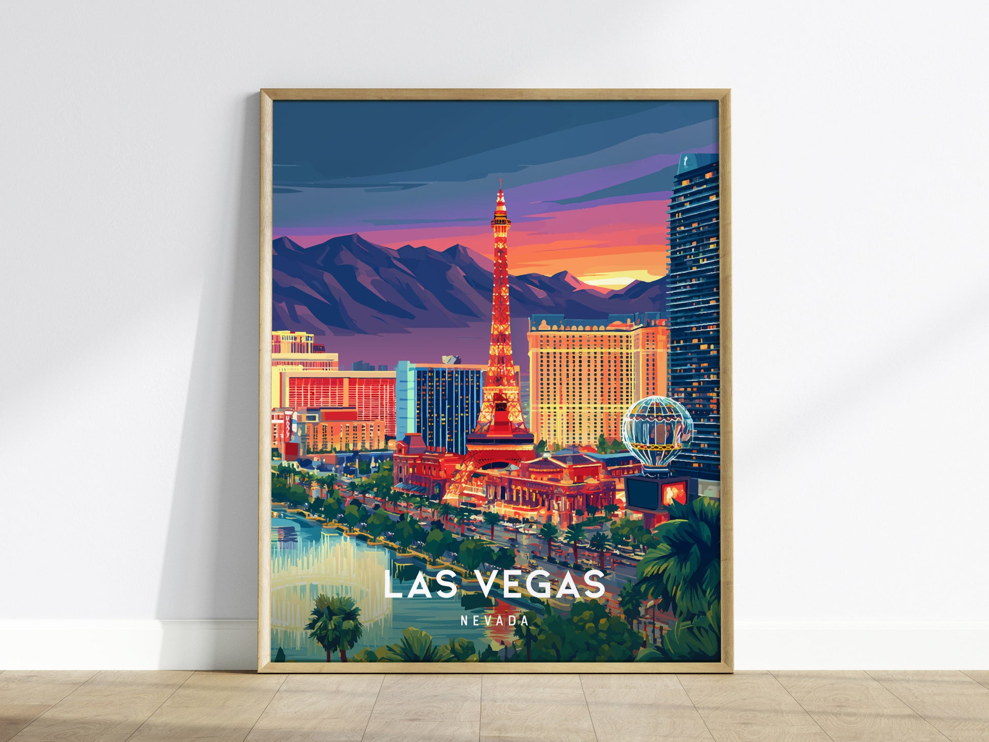 Las Vegas, Nevada Poster | Neon Lights & Desert Skyline Wall Art — framed wall art