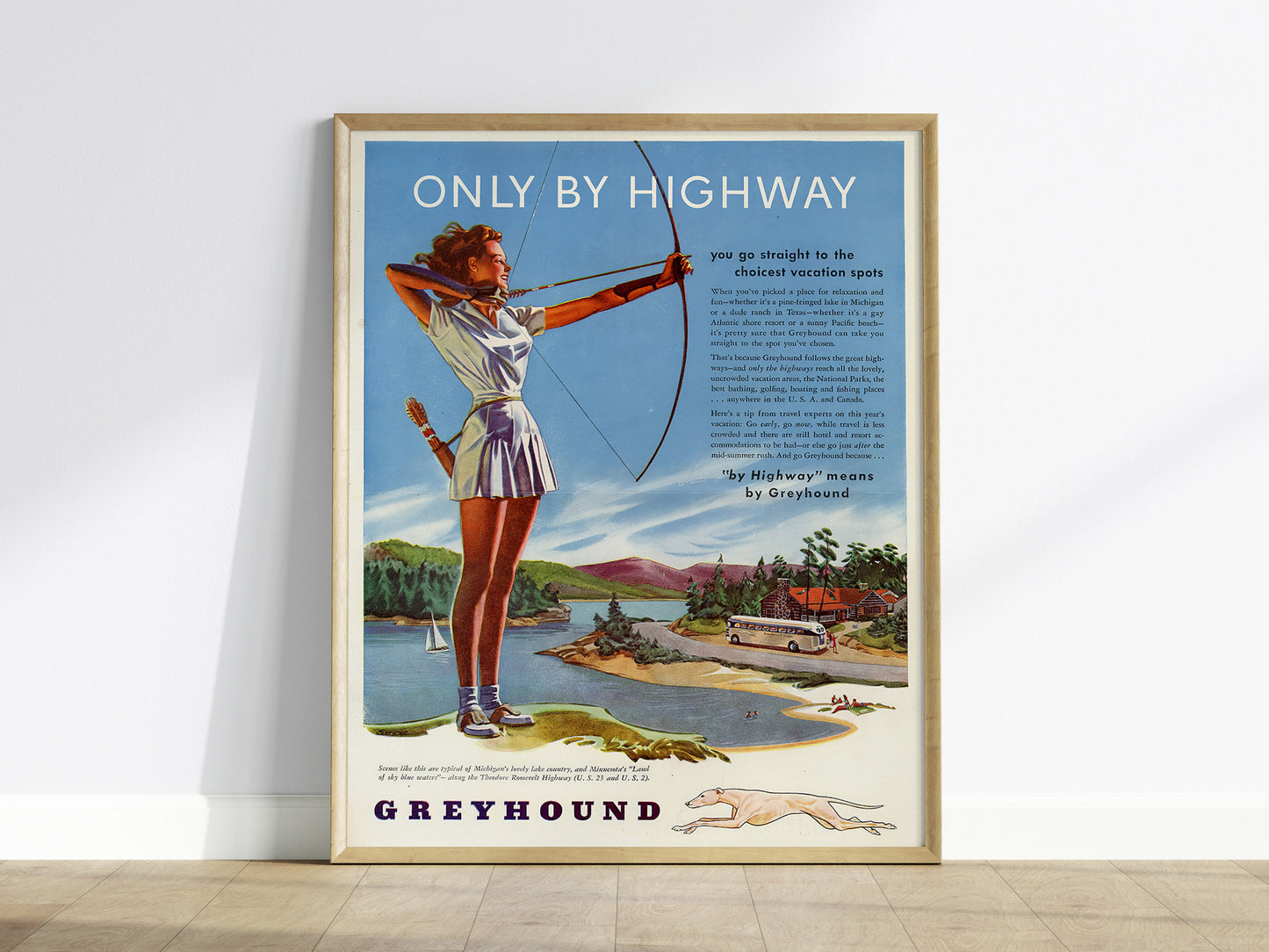 Vintage Greyhound Bus Travel Poster – Retro Highway Ad Print, 1900s Americana Art, Available Framed/Unframed, Mid-Century Wall Decor