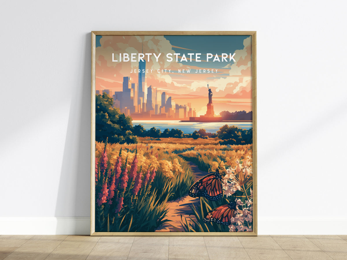 Liberty State Park, Jersey City, New Jersey Poster | Skyline & Harbor Travel Wall Art — framed wall art
