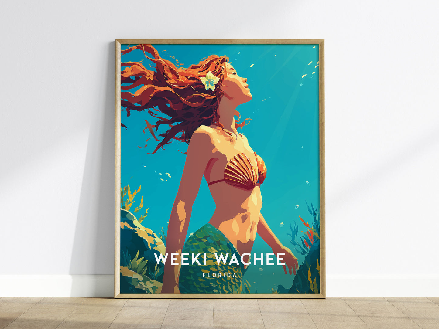 A vibrant illustration of a mermaid with flowing red hair, wearing a shell bikini top, surrounded by colorful underwater flora. The image features the text WEEKI WACHEE prominently at the bottom, set against a bright blue background.