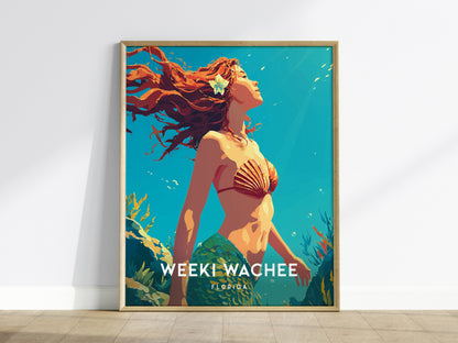 A vibrant illustration of a mermaid with flowing red hair, wearing a shell bikini top, surrounded by colorful underwater flora. The image features the text WEEKI WACHEE prominently at the bottom, set against a bright blue background.