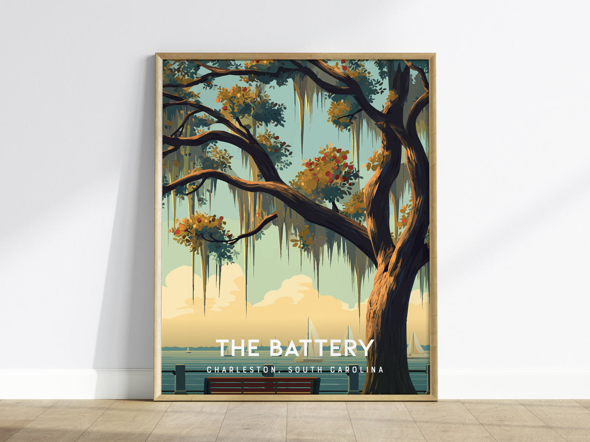 The Battery, Charleston, South Carolina Poster | Historic Waterfront Promenade Travel Wall Art — framed wall art