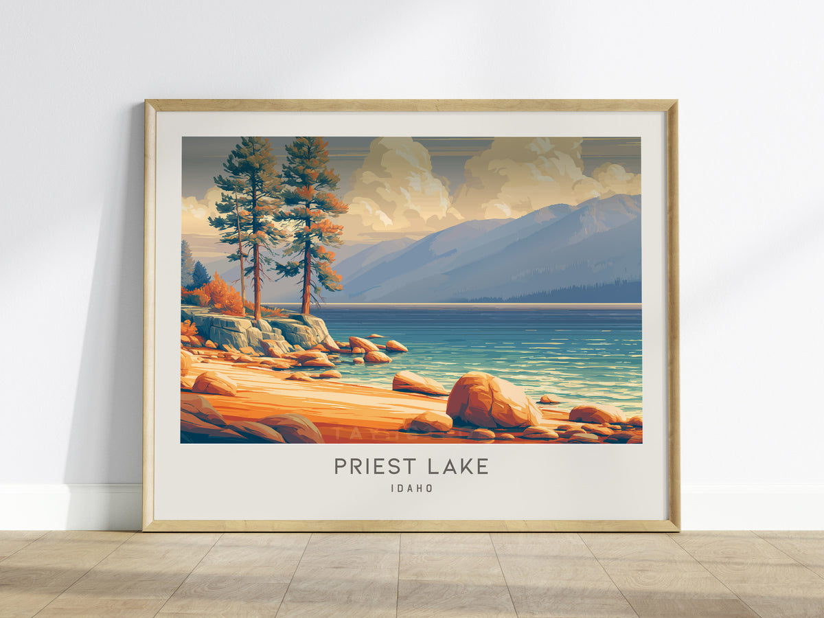 Priest Lake Landscape Matte Border Poster | Idaho Travel Gift Beach House Decor — framed wall art