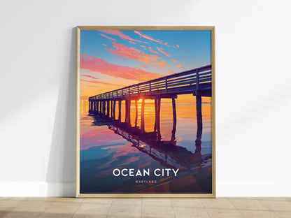 Ocean City Maryland Poster – Coastal Sunset Pier Print, Beach House Wall Art, Coastal Home Decor, Available Framed/Unframed, Travel Gift