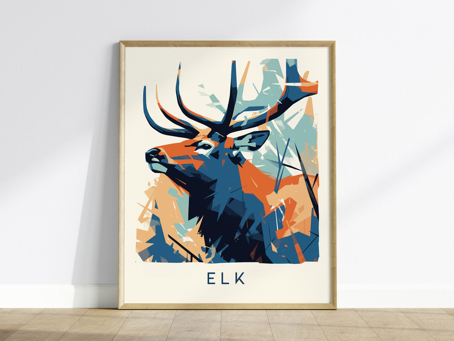 Elk geometric wall art print featuring bold blue, orange, and teal colors in an abstract style, perfect for wildlife art lovers.