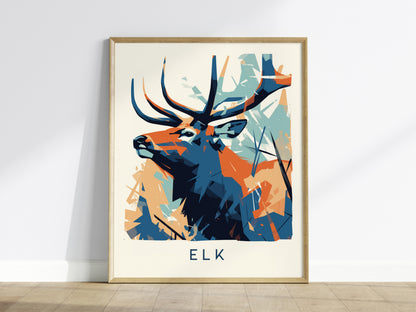 Elk geometric wall art print featuring bold blue, orange, and teal colors in an abstract style, perfect for wildlife art lovers.