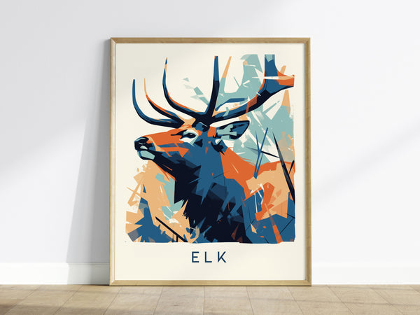 Elk geometric wall art print featuring bold blue, orange, and teal colors in an abstract style, perfect for wildlife art lovers.