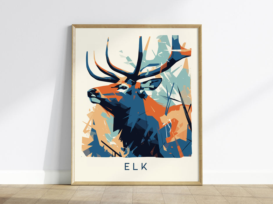 Elk geometric wall art print featuring bold blue, orange, and teal colors in an abstract style, perfect for wildlife art lovers.