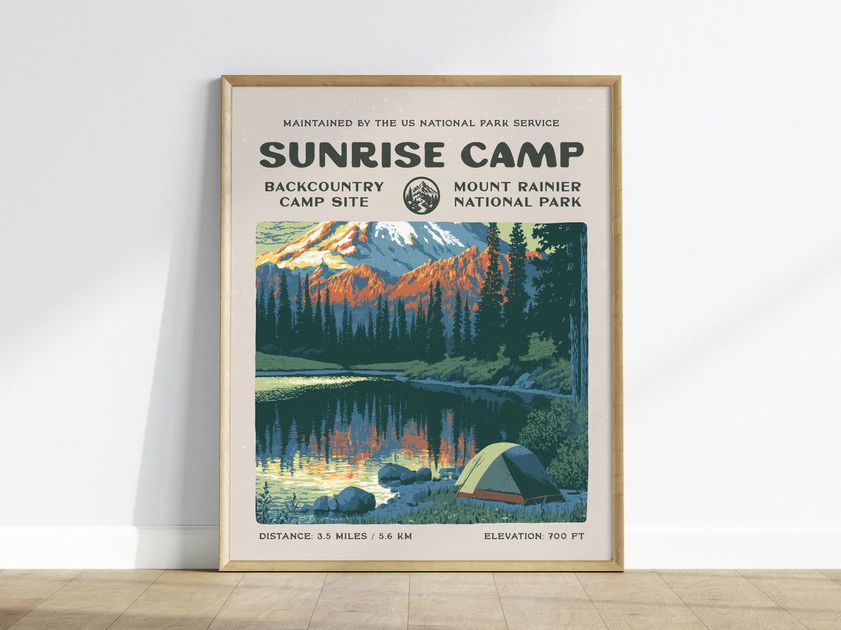 Sunrise Camp, Mount Rainier National Park Poster | Hiker Gift | Backcountry Trail Wall Art — framed wall art