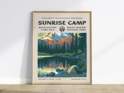 Sunrise Camp, Mount Rainier National Park Poster | Hiker Gift | Backcountry Trail Wall Art — framed wall art