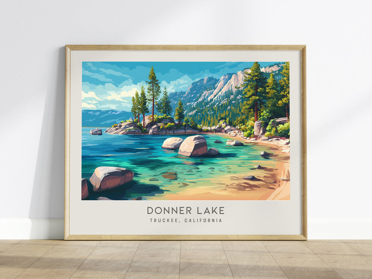 Donner Lake Landscape Matte Border Poster | Truckee, California Framed or Unframed Travel Gift — framed wall art