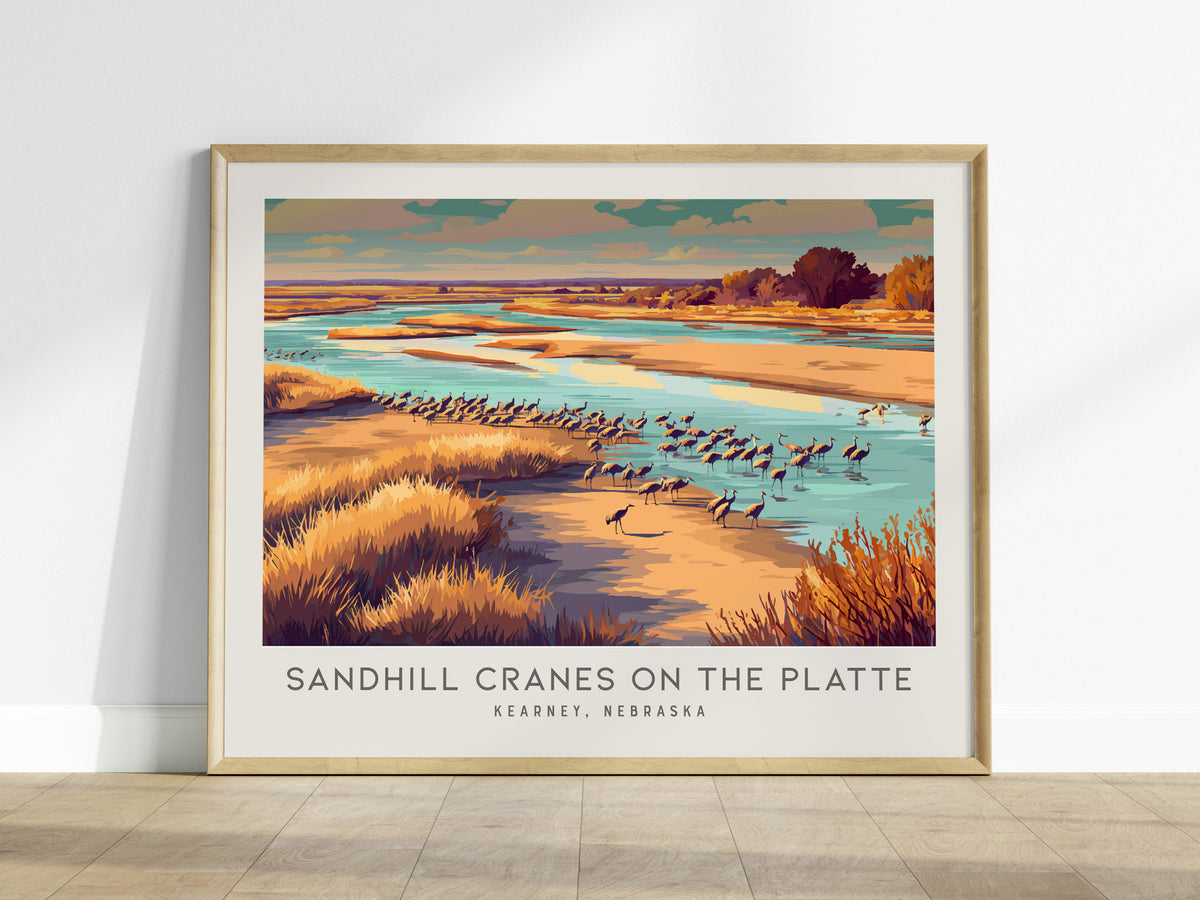 Sandhill Cranes on the Platte Landscape Matte Border Poster | Kearney, Nebraska Framed or Unframed Travel Gift — framed wall