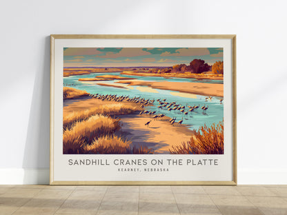 Sandhill Cranes on the Platte Landscape Matte Border Poster | Kearney, Nebraska Framed or Unframed Travel Gift — framed wall