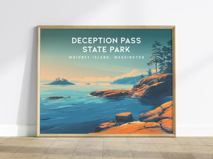 Deception Pass State Park Landscape Poster | Whidbey Island, Washington Pacific Northwest Beach House Decor — framed wall art
