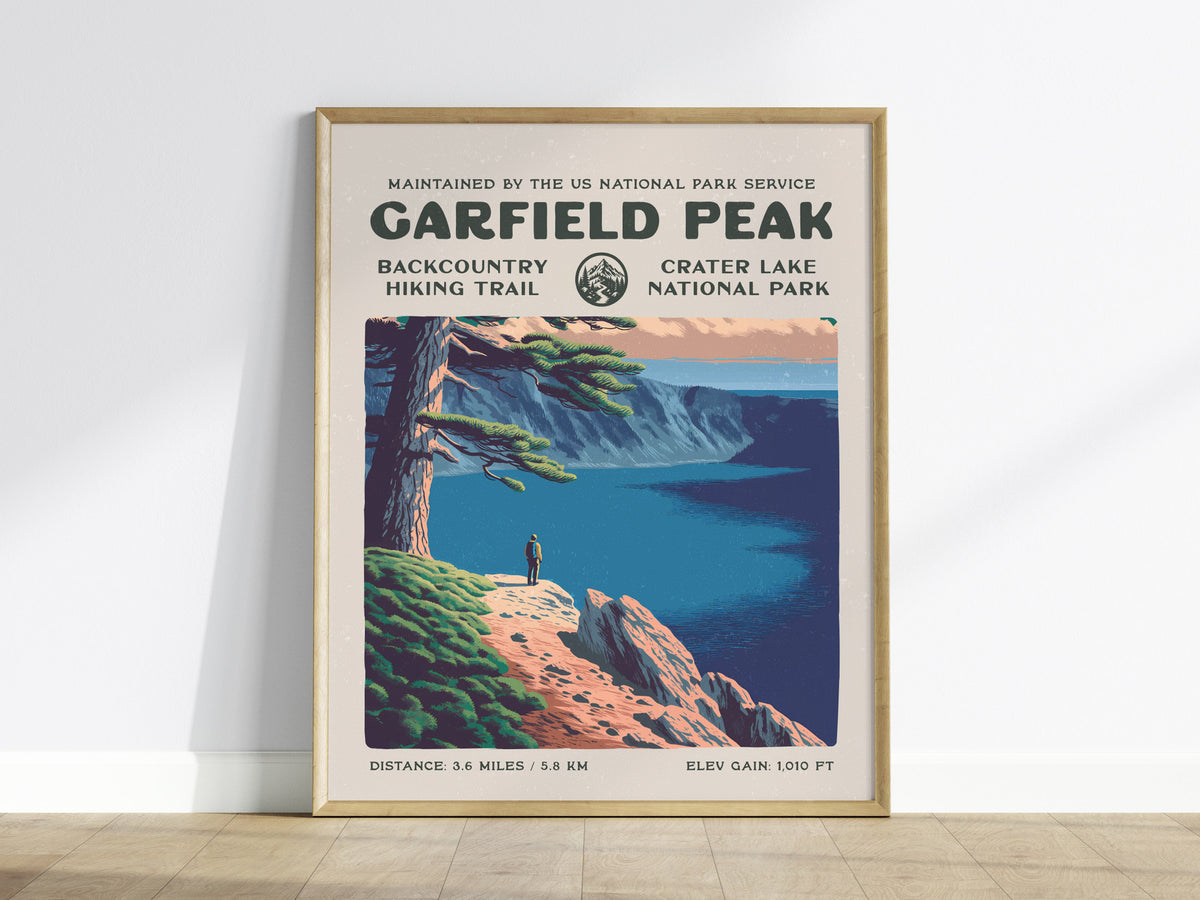 Garfield Peak, Crater Lake National Park Poster | Hiker Gift | Backcountry Trail Wall Art — framed wall art