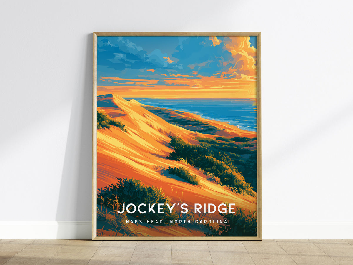Jockey's Ridge, Nags Head, North Carolina Poster | Sand Dunes & Sunset Travel Wall Art — framed wall art