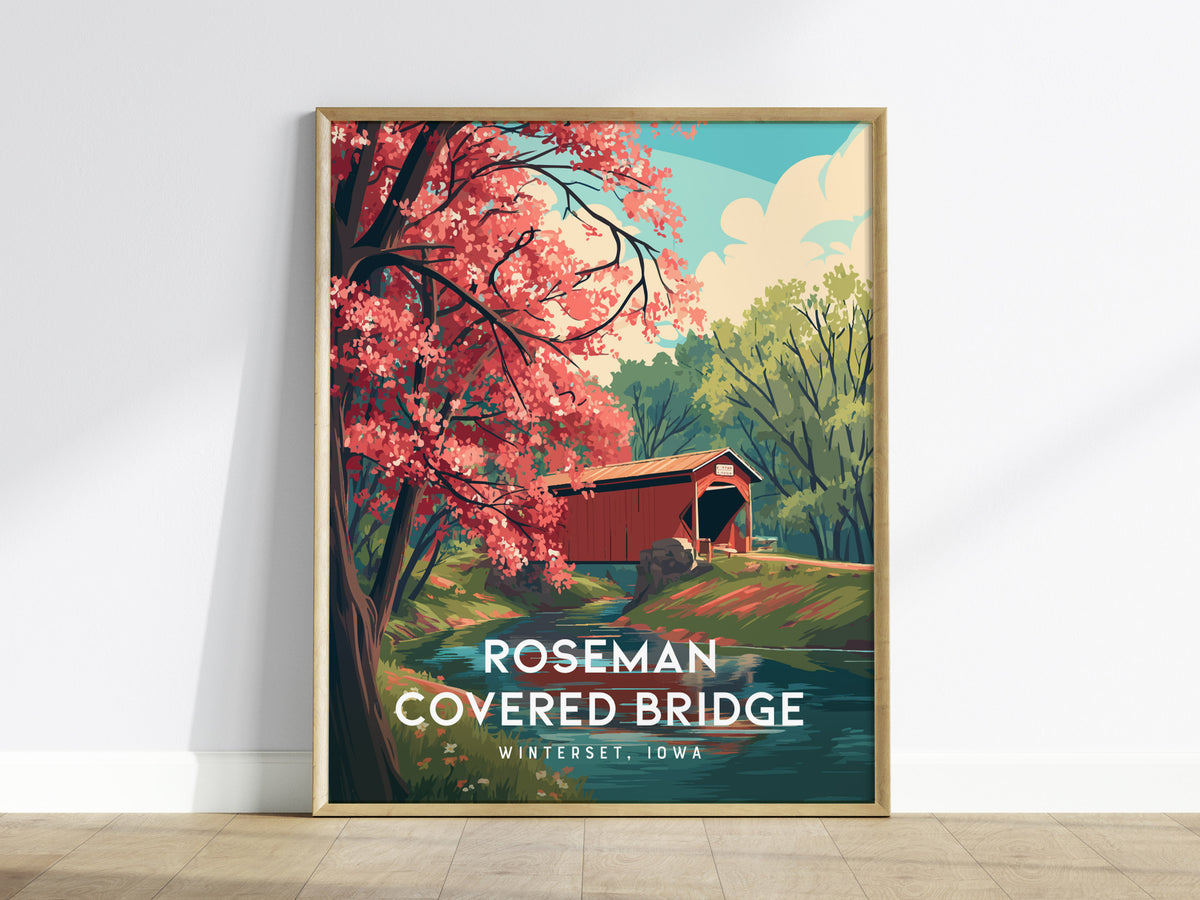 Roseman Covered Bridge, Winterset, Iowa Poster | Historic Charm Framed or Unframed Wall Art — framed wall art
