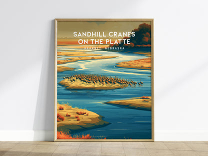 Sandhill Cranes on the Platte, Kearney, Nebraska Poster | Prairie Wildlife Travel Wall Art — framed wall art