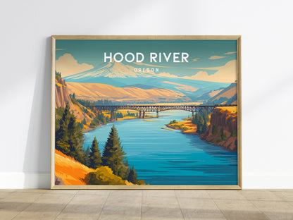 Hood River, Oregon Landscape Poster | Columbia River Gorge Destination Print Wall Art — framed wall art