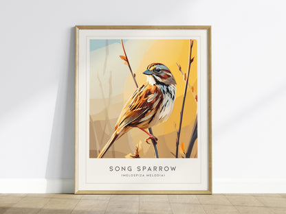 Song Sparrow Poster | Perched Songbird & Wildflower Meadow Wall Art — framed wall art