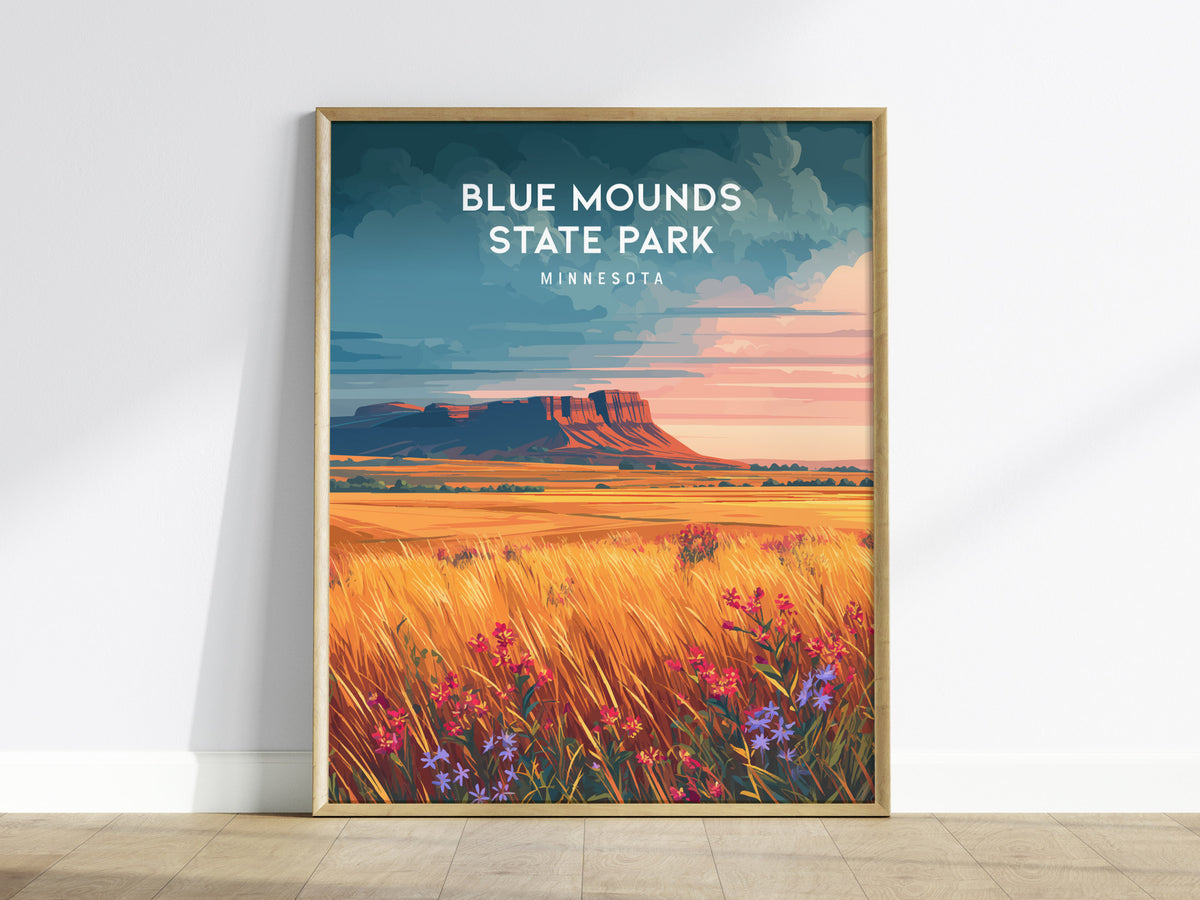 Blue Mounds State Park, Minnesota Poster | Prairie Bluffs & Bison Travel Wall Art — framed wall art