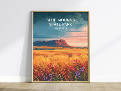 Blue Mounds State Park, Minnesota Poster | Prairie Bluffs & Bison Travel Wall Art — framed wall art
