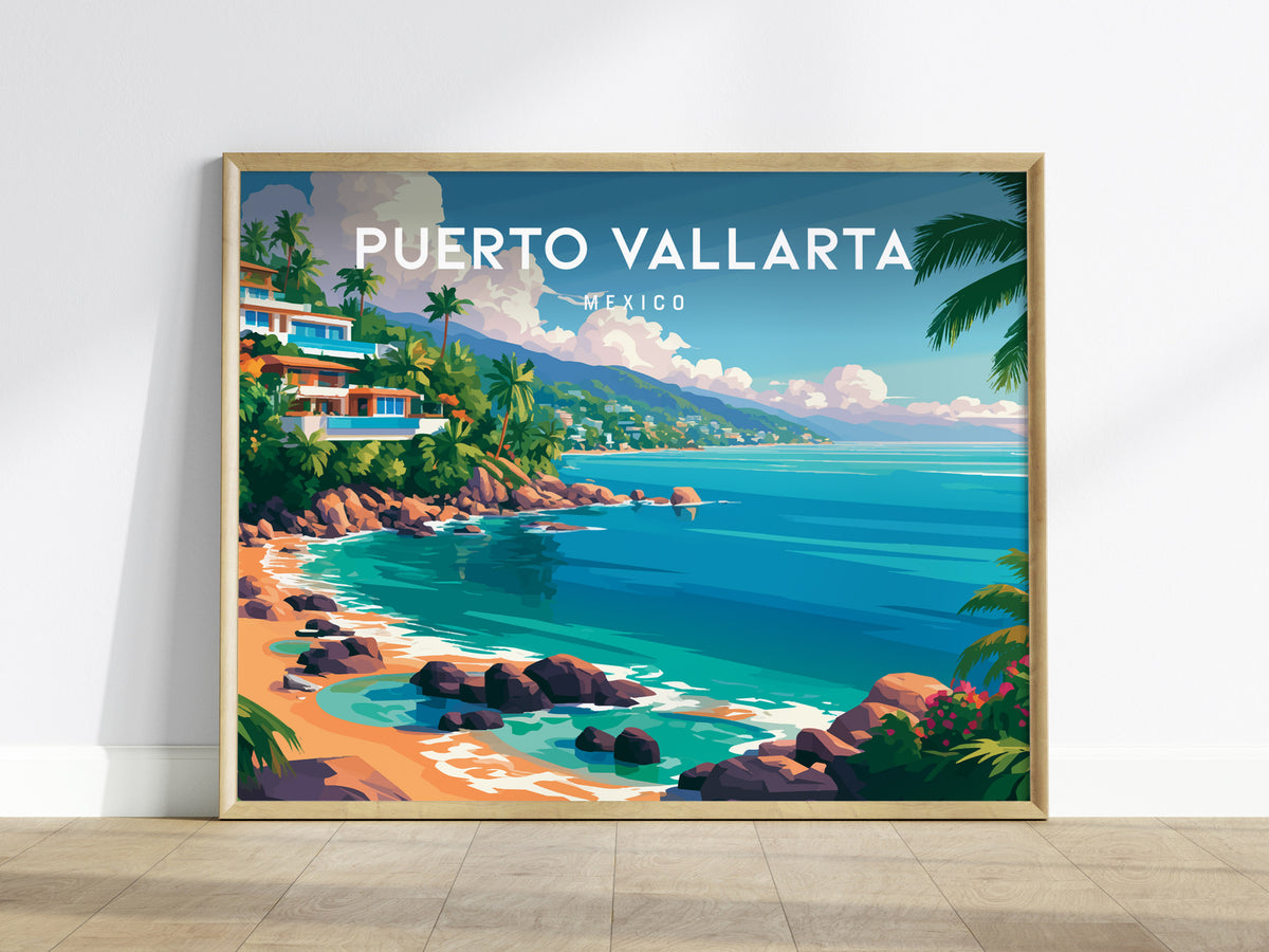Puerto Vallarta, Mexico Landscape Poster | Beach House Decor Vacation Wall Art — framed wall art