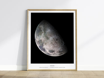 Framed print of the moon's surface on a white wall.