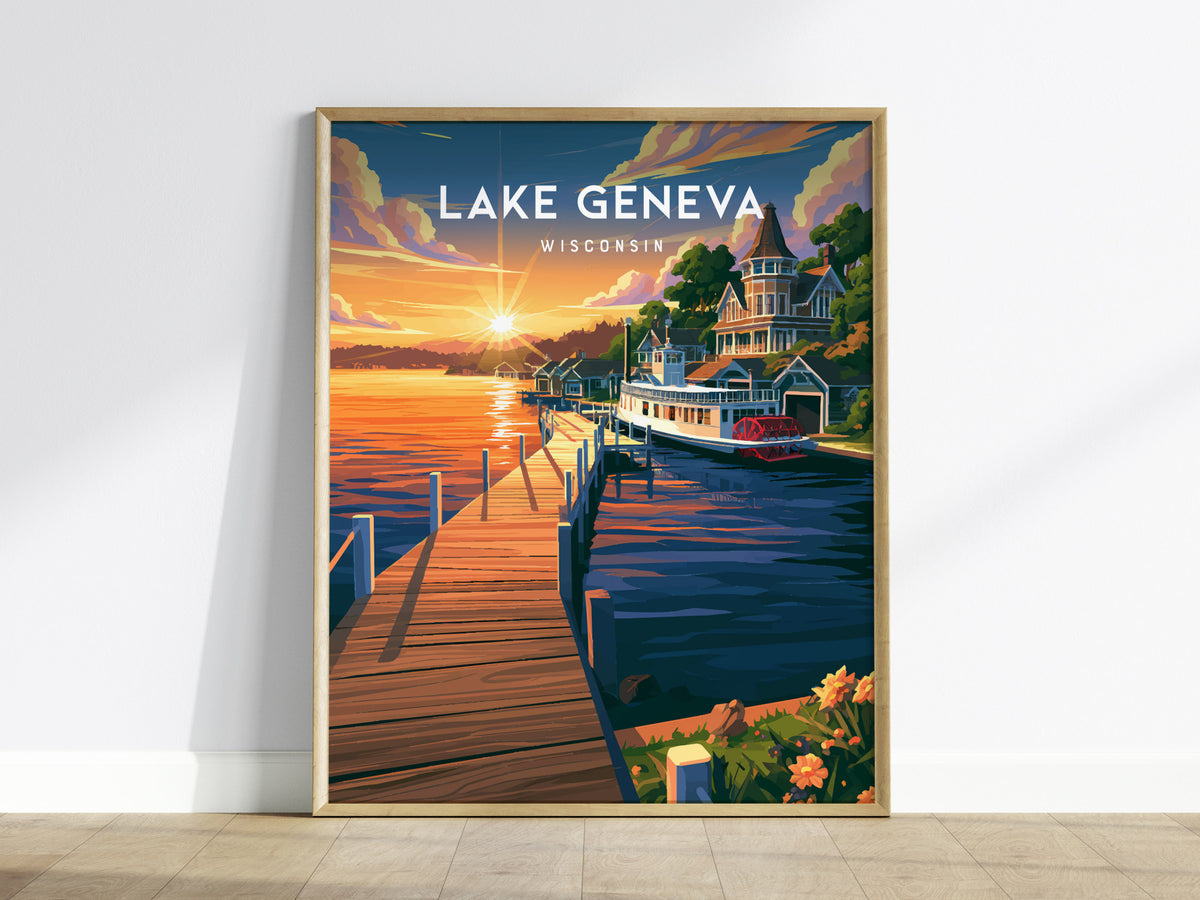Lake Geneva, Wisconsin Poster | Lakeside Charm Destination Print Wall Art — framed wall art