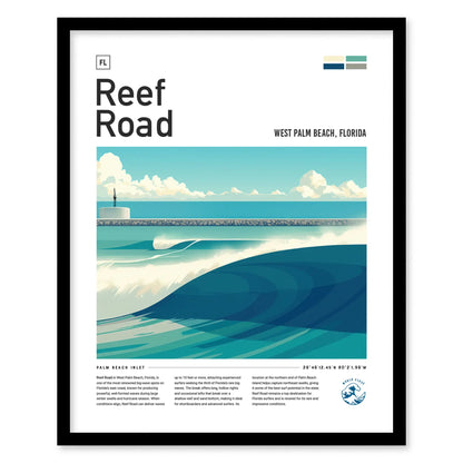 Reef Road Florida Surf Spot Framed Poster | West Palm Beach South FL Wave Wall Art | Surfer Travel Print Gift | Minimalist Design Surfing Man Cave Decor