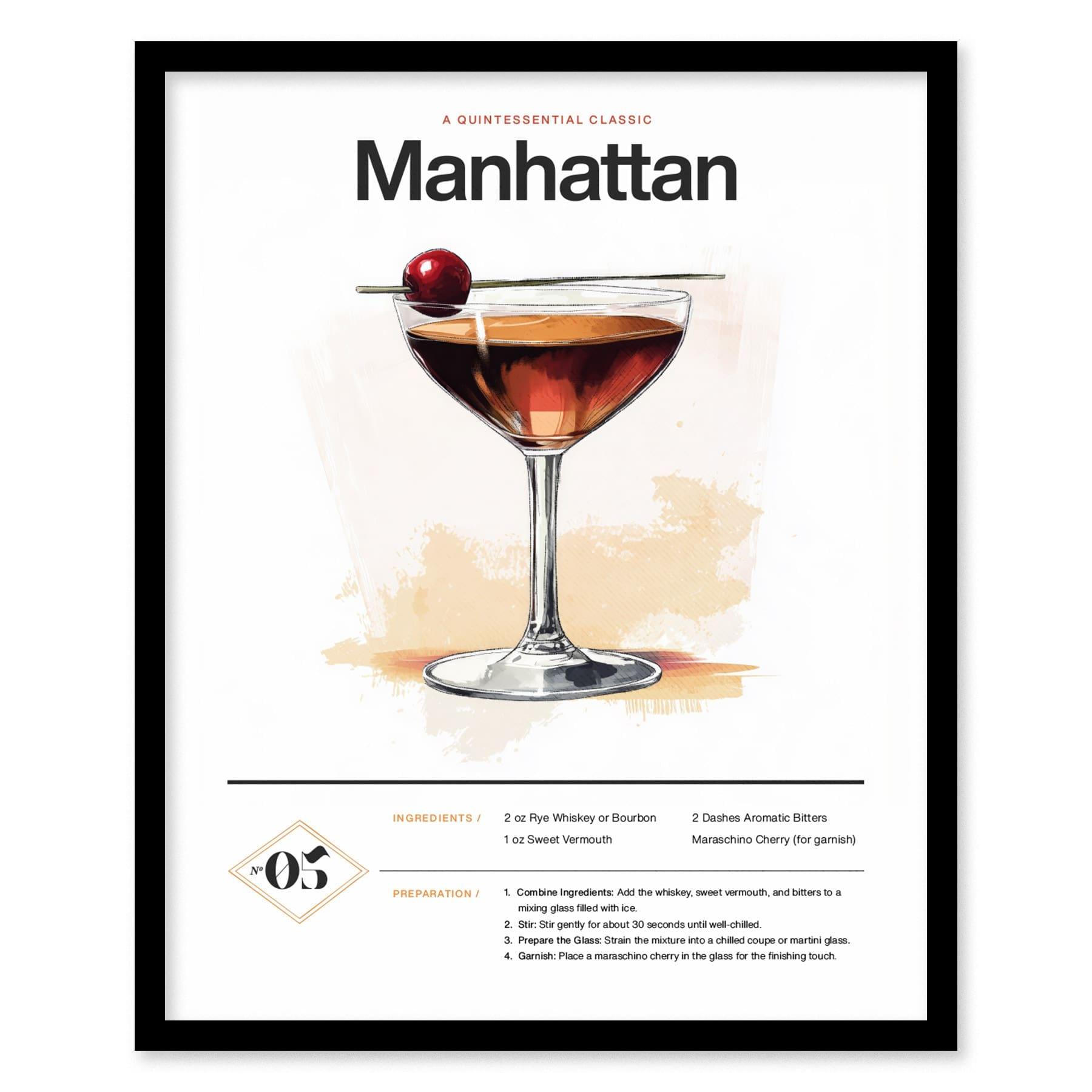 Manhattan Cocktail Framed Poster | Classic Whiskey and Vermouth Recipe Art | Minimalist Bar Decor | Manhattan Lover Gift | Home Bar Design - Swell Scenes