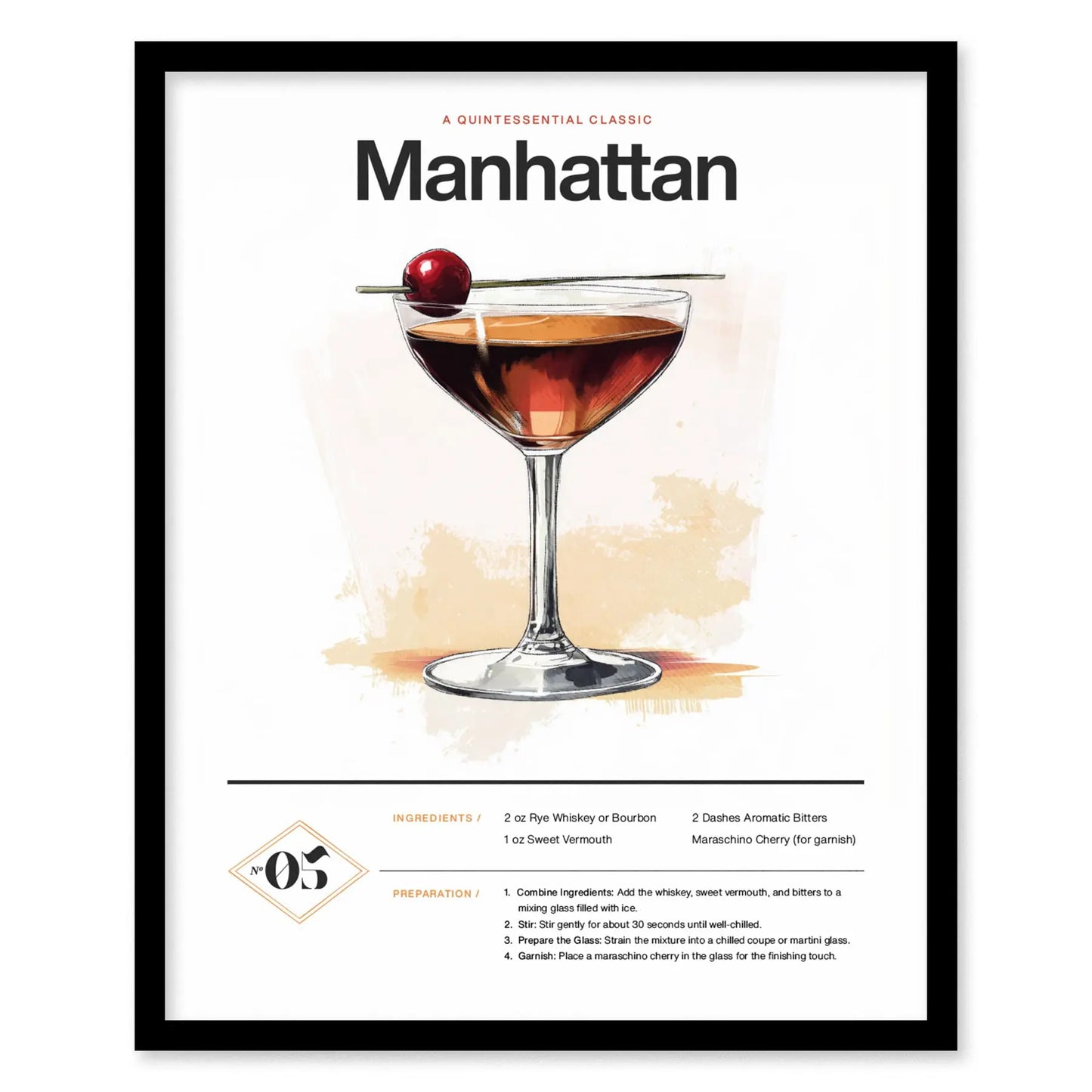 Manhattan Cocktail Framed Poster | Classic Whiskey and Vermouth Recipe Art | Minimalist Bar Decor | Manhattan Lover Gift | Home Bar Design