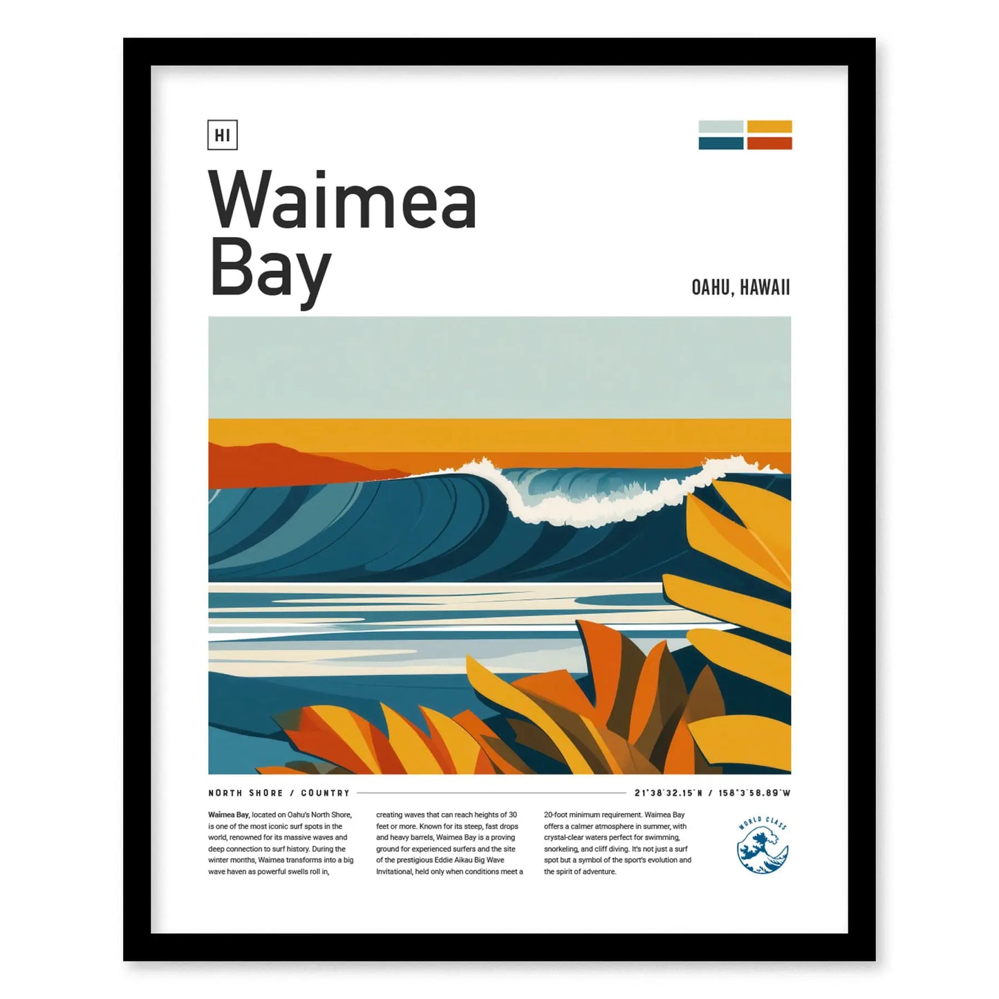 Waimea Bay Oahu Surf Spot Framed Poster | Eddie Aikau Wave Wall Art | North Shore Surfer Travel Print | Hawaii Surfing Minimalist Design