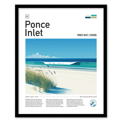 Ponce Inlet Florida Surf Spot Framed Poster | Daytona Beach FL Jetty Wave Travel Print | Surfing Decor Minimal Design Wall Art | Man Cave Decor Surfer Gift