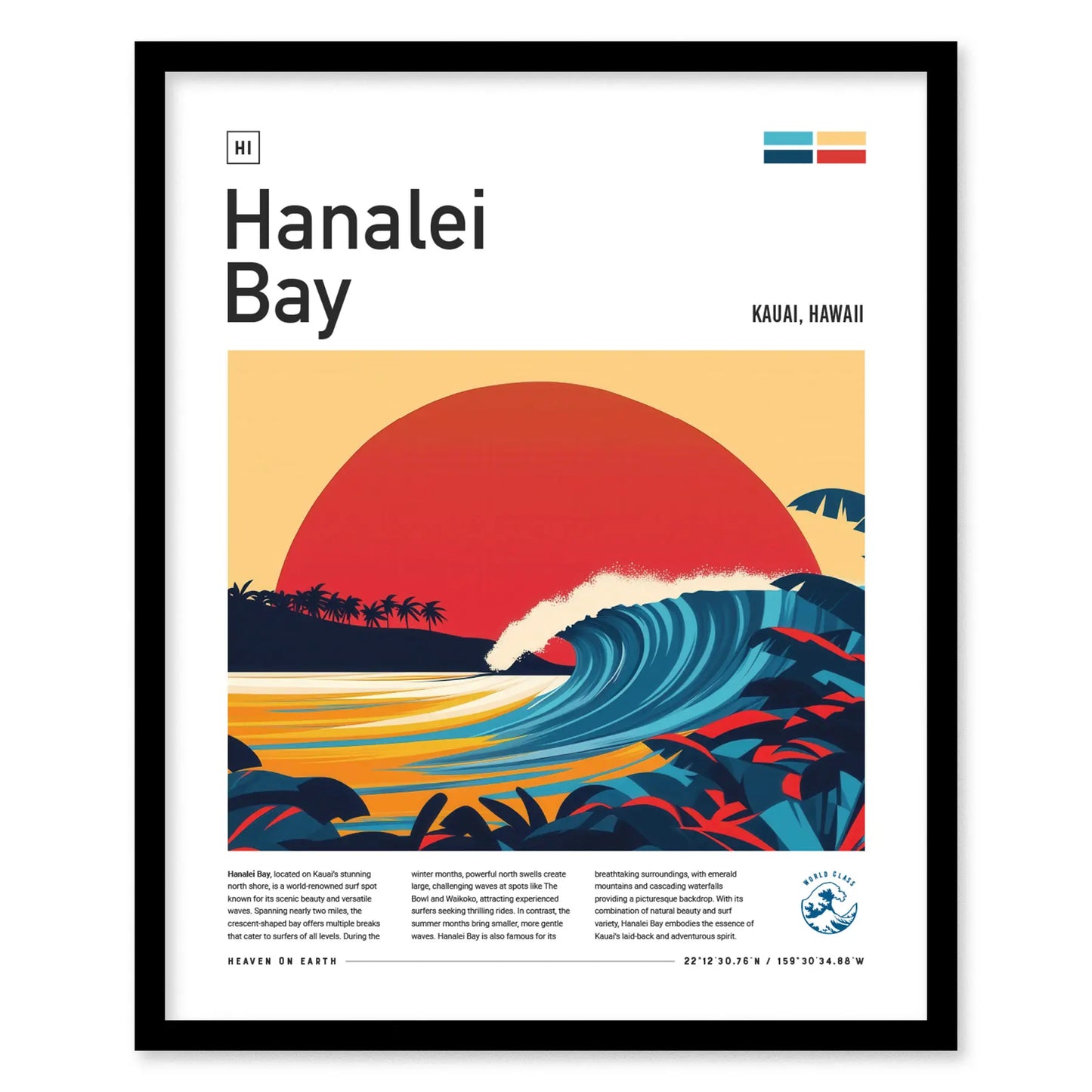 Hanalei Bay Surf Spot Framed Poster | Kauai Wave Modern Wall Art | Hawaii Surfer Travel Print | Surfing Minimalist Design Decor