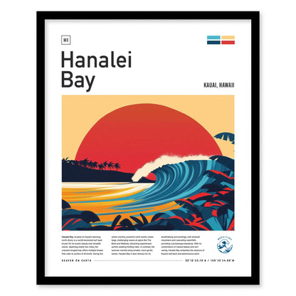 Hanalei Bay Surf Spot Framed Poster | Kauai Wave Modern Wall Art | Hawaii Surfer Travel Print | Surfing Minimalist Design Decor