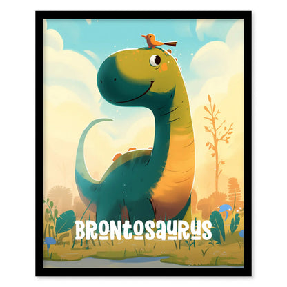 Brontosaurus Dinosaur Kids Bedroom Framed Wall Art | Friendly Dino Theme Nursery Print | Jurassic Sauropod Boys Room Poster | Prehistoric Toddler Home Decor Illustration