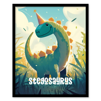 Stegosaurus Dinosaur Kids Bedroom Framed Wall Art | Friendly Dino Theme Nursery Print | Jurassic Boys Room Poster | Prehistoric Toddler Home Decor Illustration