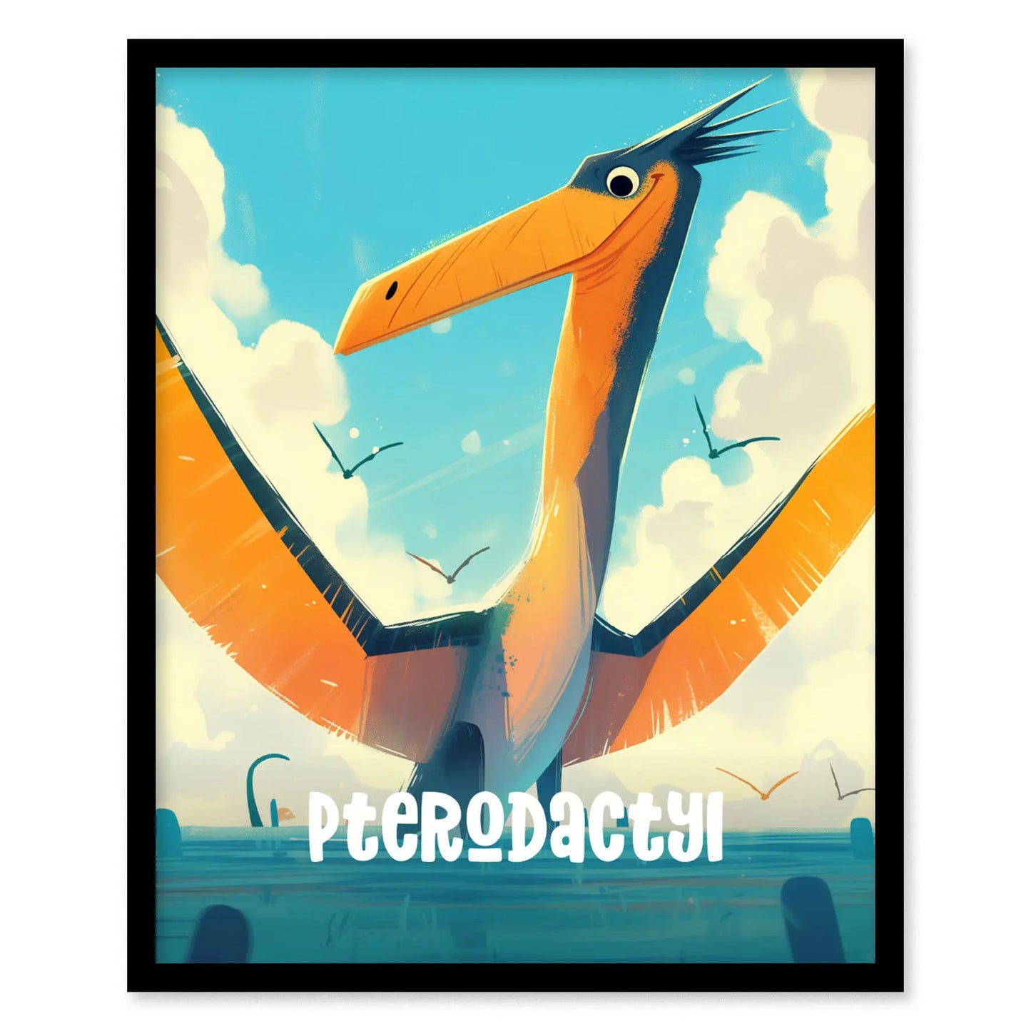 Pterodactyl Dinosaur Kids Bedroom Framed Wall Art | Friendly Dino Theme Nursery Print | Jurassic Boys Room Poster | Prehistoric Toddler Home Decor Illustration