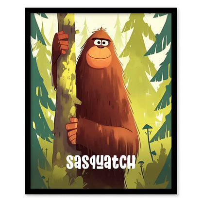 Sasquatch Cute Cryptids Wall Art Series | Bigfoot Kids Room Framed Poster| Children's Illustration Toddler Boys Bedroom Nursery Print