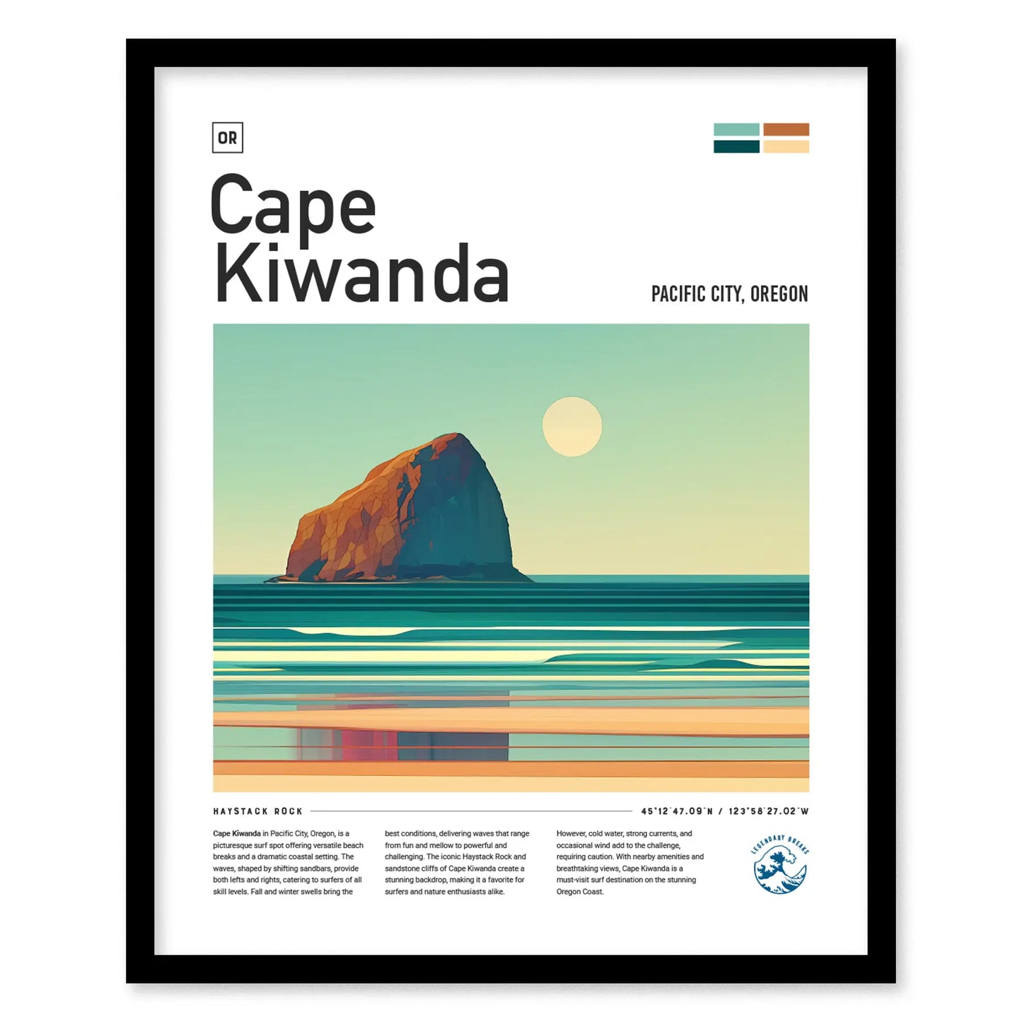 Cape Kiwanda Oregon Surf Spot Framed Poster | Pacific City OR Beach Surfing Wave Wall Art | Haystack Rock Minimal Design Surfer Travel Print