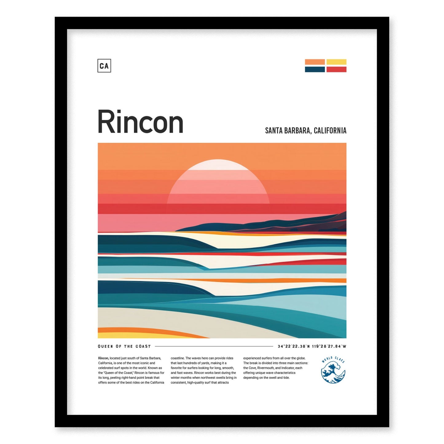 Rincon California Surf Spot Framed Poster | Ventura CA Surfer Wall Art | Santa Barbara Surf Travel Print | Beach House Modern Surfing Wave Gift