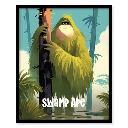 Swamp Ape Cute Cryptids Wall Art Series | Florida Bigfoot Kids Room Framed Poster | Children's Illustration Toddler Boys Bedroom Nursery Print