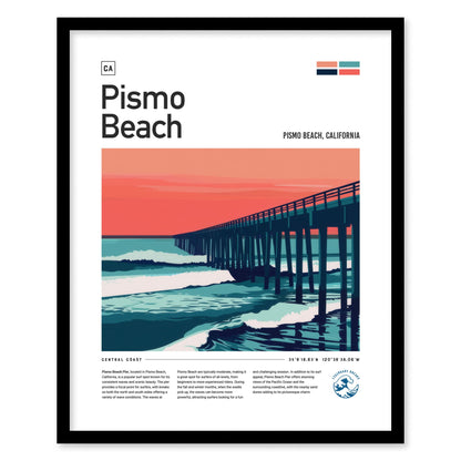 Pismo Beach Pier Surf Spot Framed Poster | Central Coast California Surfer Wall Art | CA Travel Print Modern Wave Design Surfing Gift