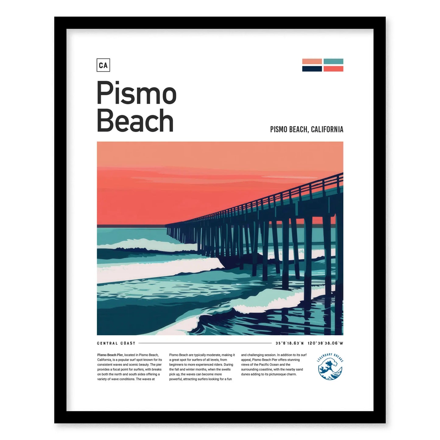 Pismo Beach Pier Surf Spot Framed Poster | Central Coast California Surfer Wall Art | CA Travel Print Modern Wave Design Surfing Gift