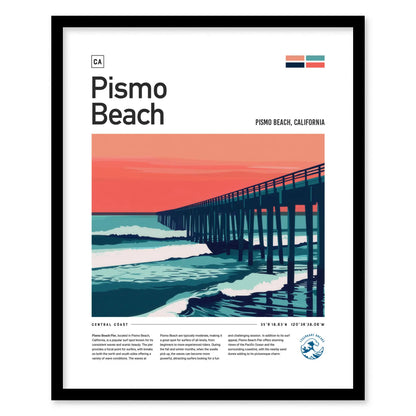 Pismo Beach Pier Surf Spot Framed Poster | Central Coast California Surfer Wall Art | CA Travel Print Modern Wave Design Surfing Gift