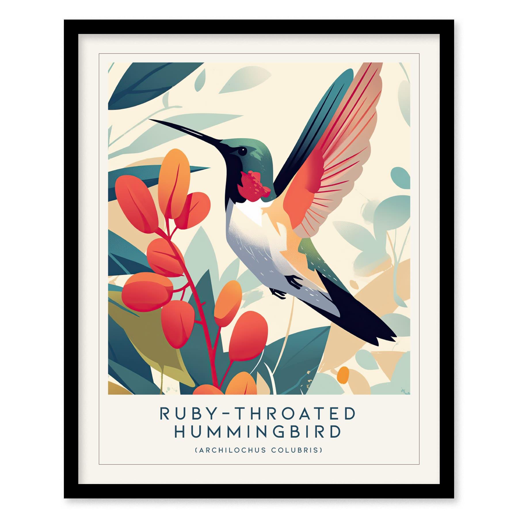 Ruby-throated Hummingbird Modern Framed Wall Art | Cottagecore Minimalist Nature Wildlife Bird Lover Poster | Audubon Farm House Decor Print - Swell Scenes